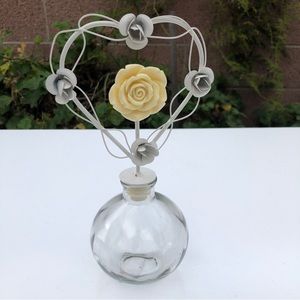 Roses White Metal and Glass 9" Perfume Bottle Holder w/Stopper Cottage Core New